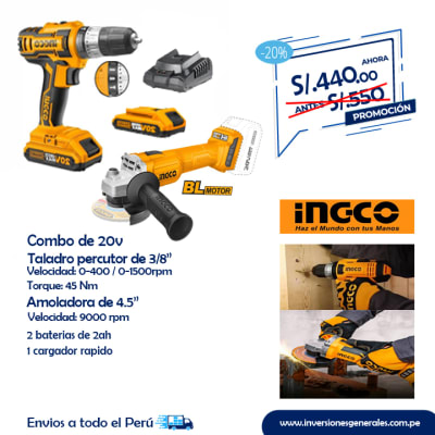 Combo amoladora y taladro percutor de 20V Ingco