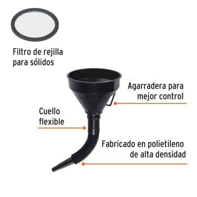 Embudo plástico 500 ml, cuello flexible con filtro