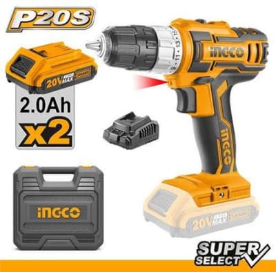 TALADRO ATORNILLADOR INALÁMBRICO INGCO 20V + 2 BATERÍAS 2.0AH + MALETÍN CDLI200215