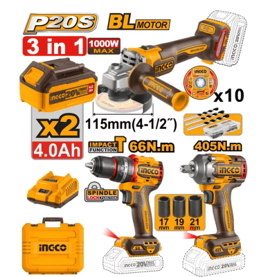 KIT 3en1 taladro/llave/amoladora brushless