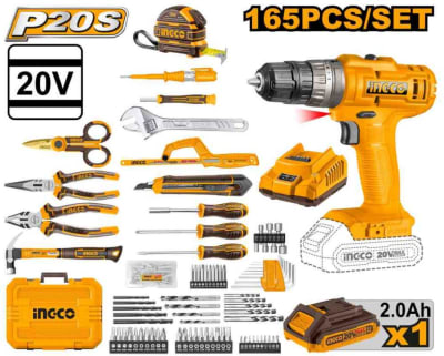 TALADRO CON PERCUTOR INALAMBRICO 20V +BAT+CARGADO R C/165PCS HERRAMIENTAS