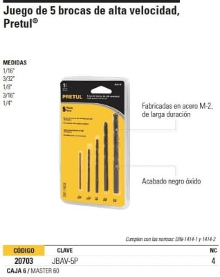 Juego de 5 brocas para metal Pretul