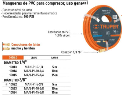 Manguera para compresora (uso ligero) Truper