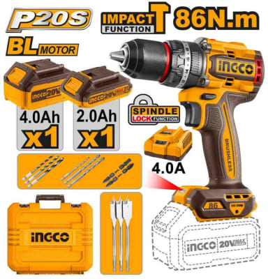 TALADRO CON PERCUTOR 86N.M. +BAT+CARGAD OR+BROCAS+M ALETIN
