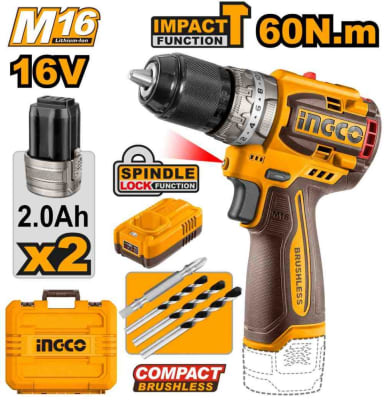 TALADRO CON PERCUTOR 60N.M. 16V+BAT+CARGA DOR+BROCAS+M ALETIN