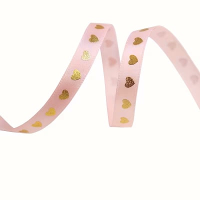 Cinta de Tela para Lazo Rosado Corazón Dorado 5 Metros