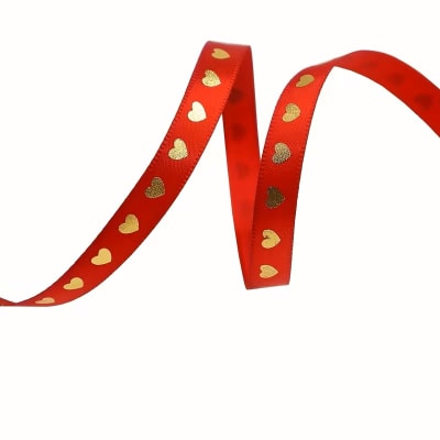 Cinta de Tela para Lazo Rojo Corazón Dorado 5 Metros