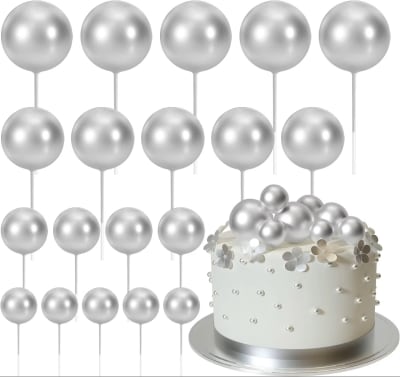 Esferas Decortativas para Tortas Plata 20 Unidades