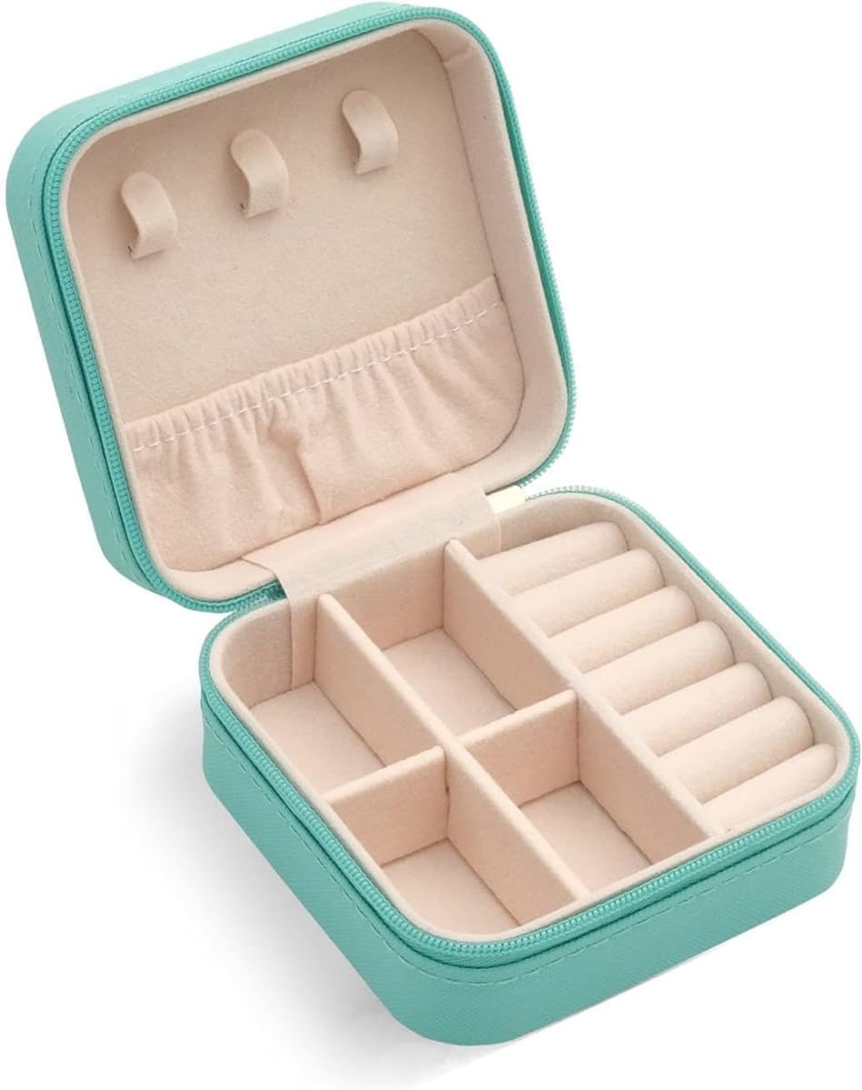 Joyero Organizador De Joyas Portátil Mini Para Viajes Turquesa 10x10x5 cm.4
