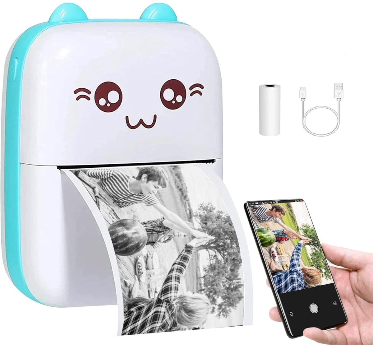 Mini Impresora Térmica Portátil 58 mm. Bluetooth Recargable Gatito Celeste1