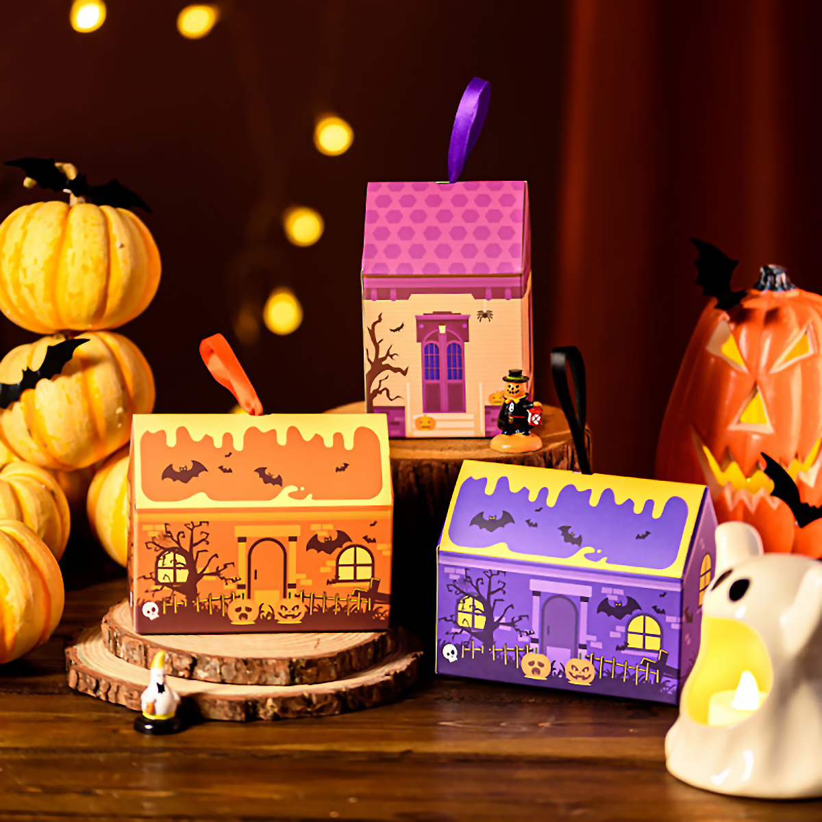 Set Cajas Casa Halloween Naranja 13x10,5x7 cm. 4 Unidades4