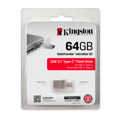 MEMORIA FLASH USB KINGSTON DT MICRODUO 3C, 64GB, DUAL USB TIPO-A/USB TIPO-C 3.1 (DTDUO3C/64GB)