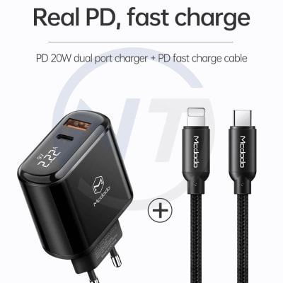 CARGADOR PARA IPHONE 20W MCDODO DOS PUERTOS DE CARGA RAPIDA CON PANEL DIGITAL USB-A y USB-C