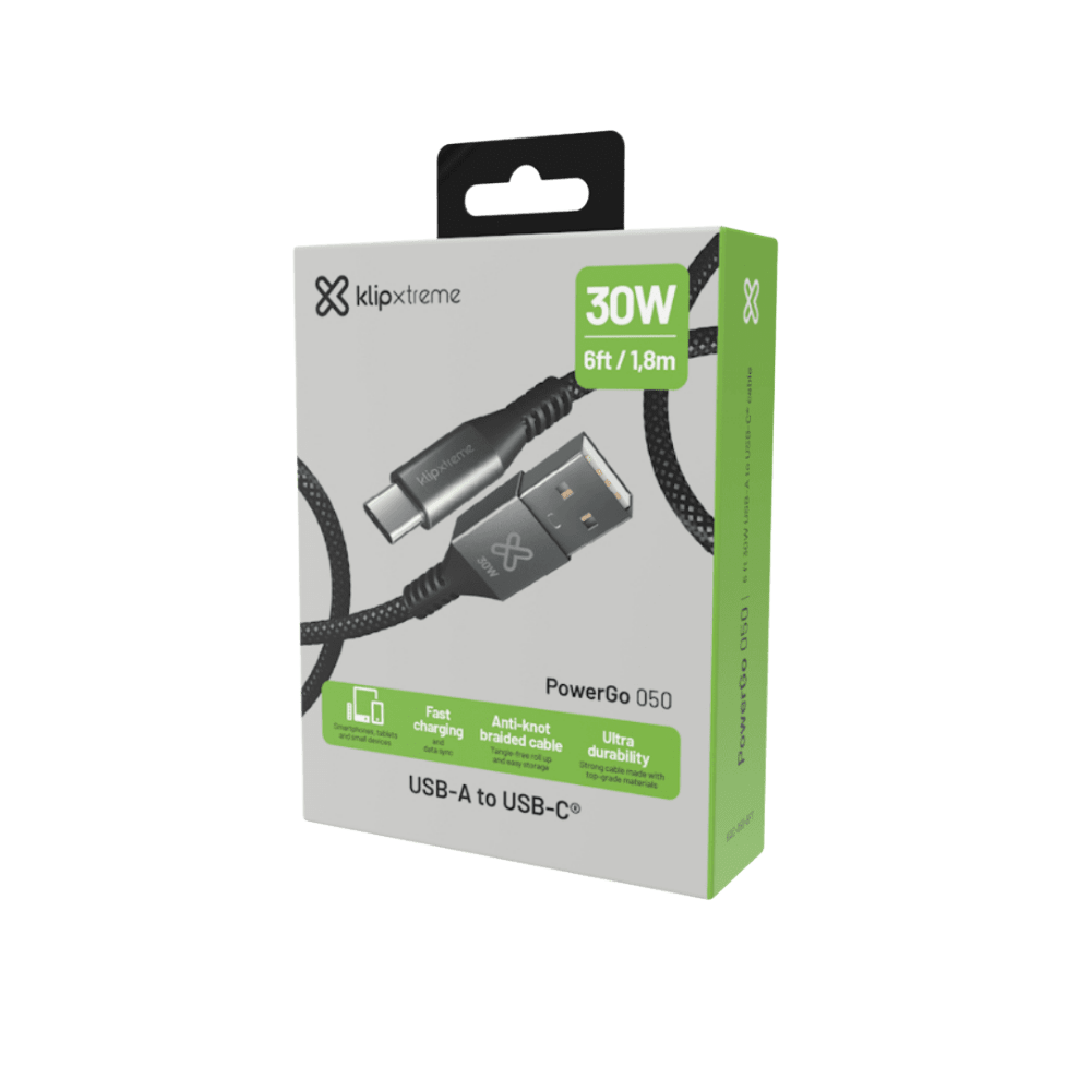 CABLE  KLIP XTREME USB-A A USB-C POWERGO 050 1 METR0 30W CARGA RÁPIDA TRENZADO ( KAC-050-3FT)3