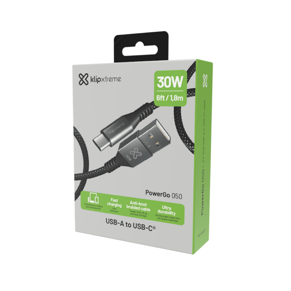 CABLE  KLIP XTREME USB-A A USB-C POWERGO 050 1 METR0 30W CARGA RÁPIDA TRENZADO ( KAC-050-3FT)3