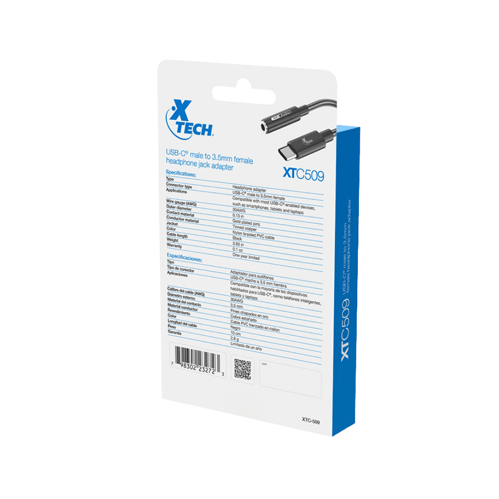 ADAPTADOR XTECH USB C MACHO A CONECTOR 3.5MM HEMBRA PARA AUDIFONOS NEGRO (XTC-509)7