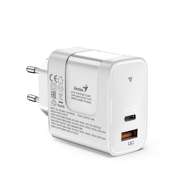 CARGADOR DE PARED GENIUS PD-65AC 65W FAST CHARGE 1 USB-C 1 USB-A WHITE (32590010400) (NT8)3