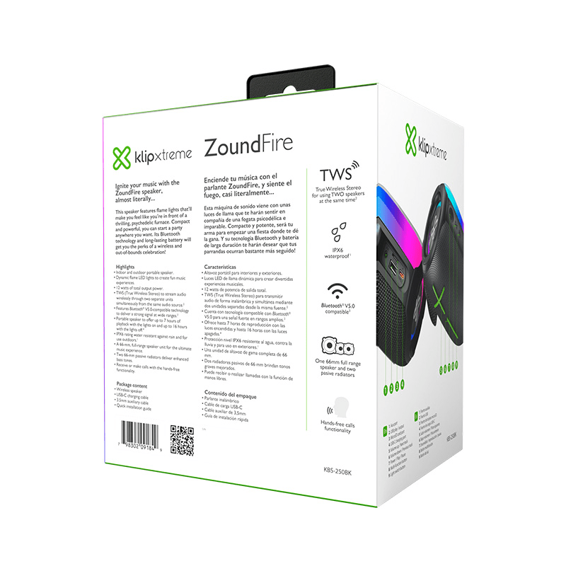 PARLANTE PORTÁTIL KLIPXTREME ZOUNDFIRE - TWS LED FLAME LIGHTS 12W NEGRO (KBS-250BK) (NT3)7