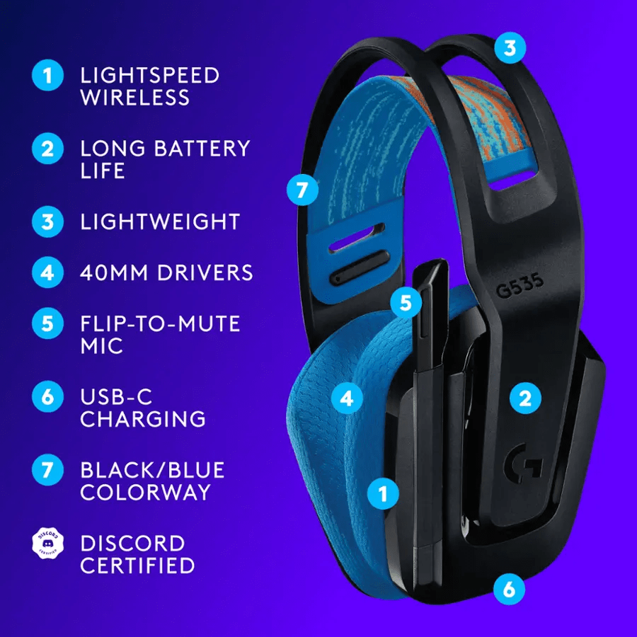 AURICULAR C/MICROF. LOGITECH G535 LIGHTSPEED PS5/PS4/PC WIRELESS NEGRO/AZUL (939-002218) (NT8)8
