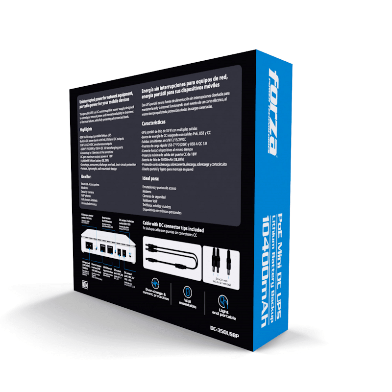UPS FORZA PoE Y BANCO DE ENERGIA USB-C C/BATERIA 35W, SALIDAS 5/9/12/15/24V CC (DC-350USBP) (NT3)7