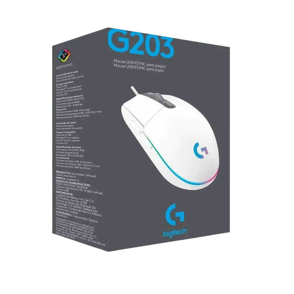 MOUSE LOGITECH G203 LIGHTSYNC OPTICAL 8000 DPI RGB BLANCO (910-005794) (NT8)5