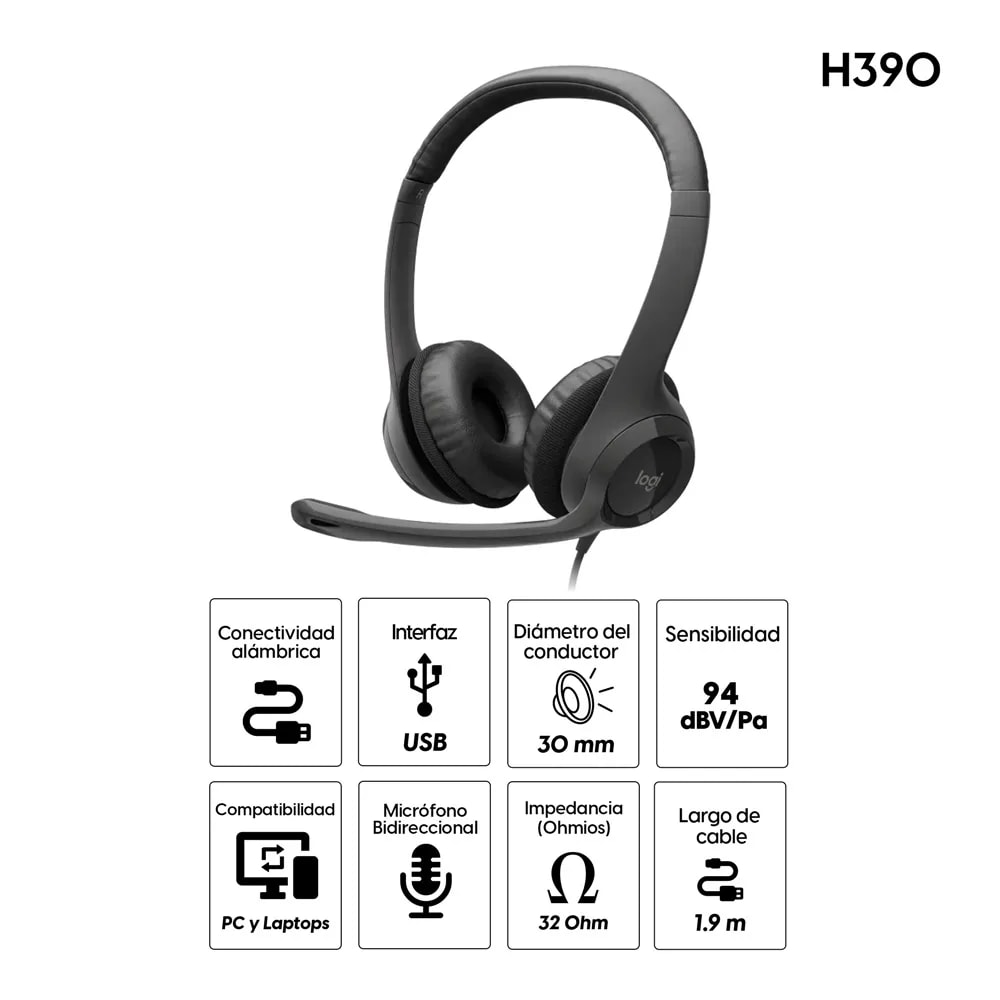 AURICULAR CON MICRÓFONO LOGITECH H390 USB NEGRO (981-000014)2