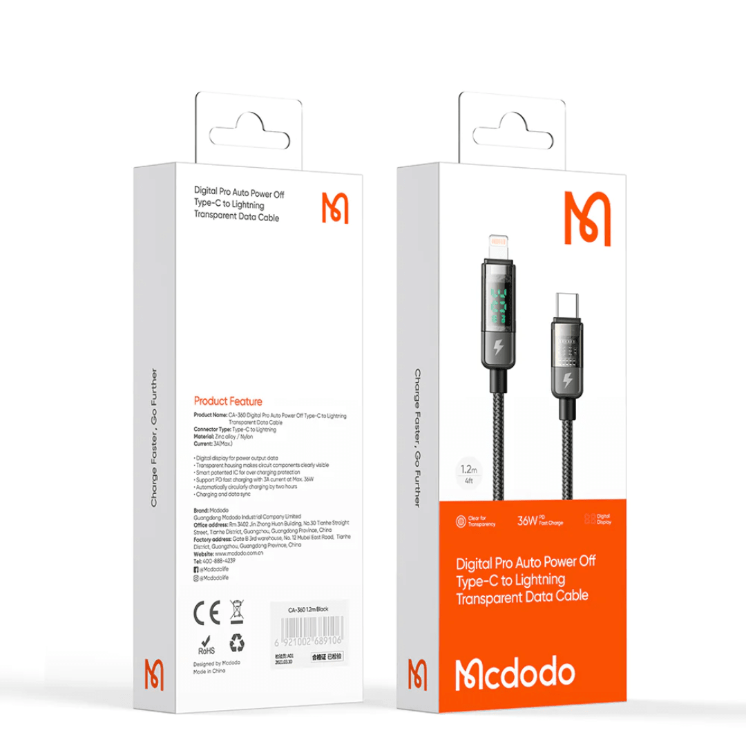 CABLE DE CARGA/DATOS PARA IPHONE MCDODO DIGITAL PRO TIPO-C A LIGHTNING 36W 1.2M AUTOAPAGADO (CA-360)1