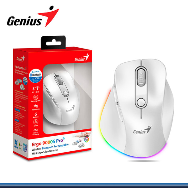 MOUSE GENIUS ERGO 9000S PRO RECARGABLE DUAL WIRELESS/BT 6-BOT SILENT RGB PEARL WHITE  (31030039400) (NT8) 0