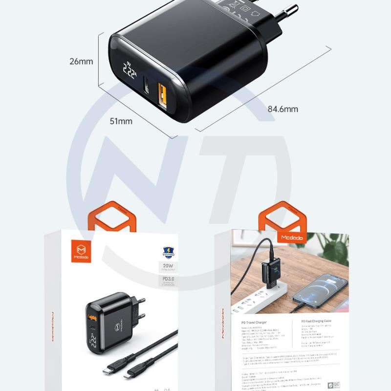 CARGADOR PARA IPHONE 20W MCDODO DOS PUERTOS DE CARGA RAPIDA CON PANEL DIGITAL USB-A y USB-C4