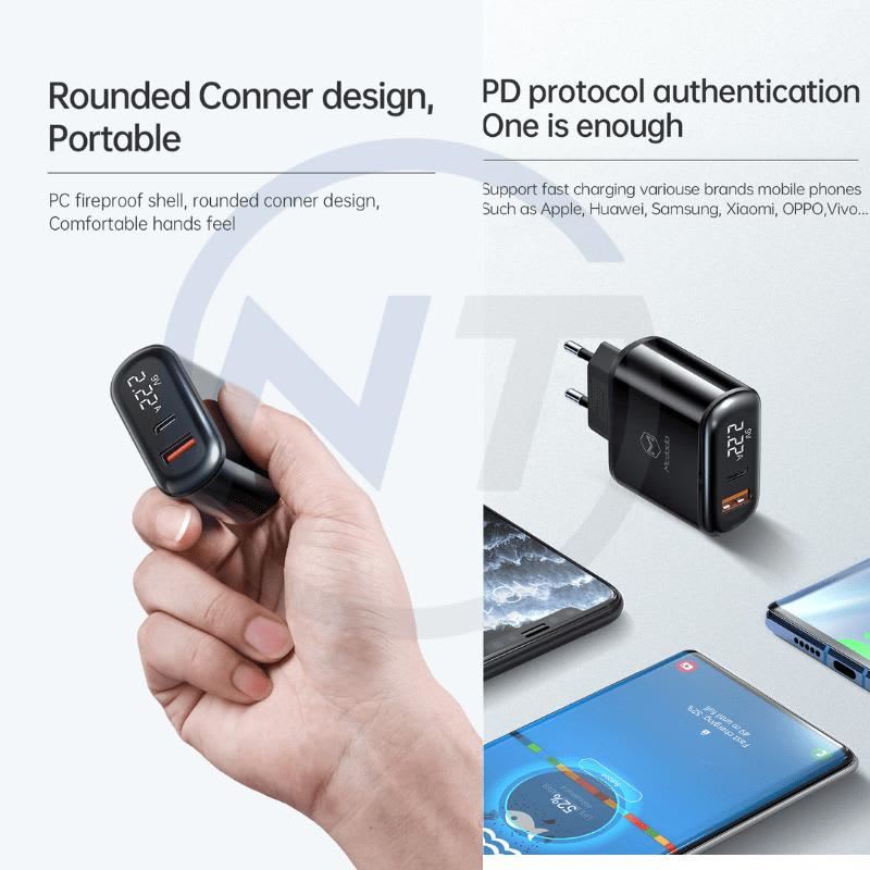 CARGADOR PARA IPHONE 20W MCDODO DOS PUERTOS DE CARGA RAPIDA CON PANEL DIGITAL USB-A y USB-C2
