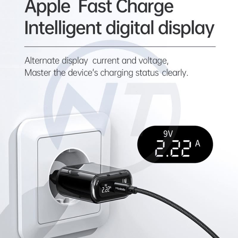 CARGADOR PARA IPHONE 20W MCDODO DOS PUERTOS DE CARGA RAPIDA CON PANEL DIGITAL USB-A y USB-C3