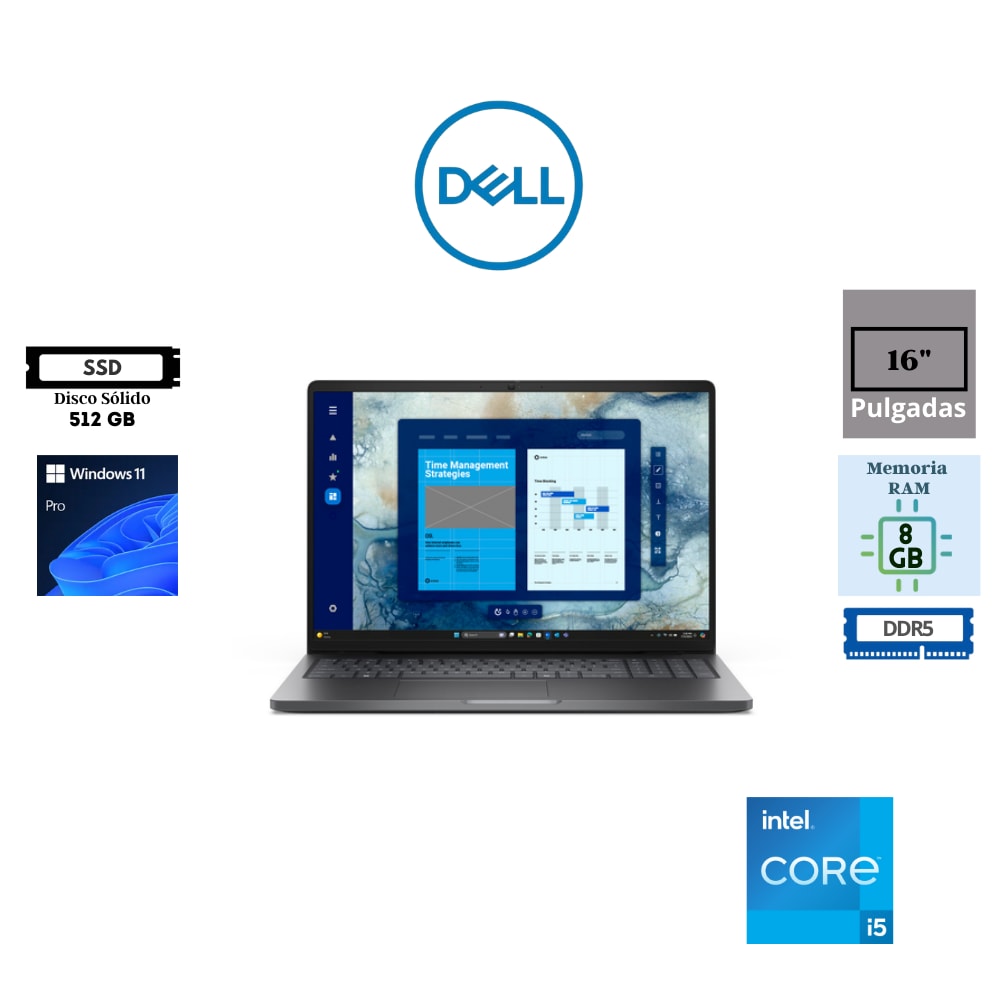 LAPTOP DELL PRO 16 PC16250, ICORE 5, 8GB, 512GB, WIN11 PRO, 1Y NEGRO (9CVRF) (NT7)5