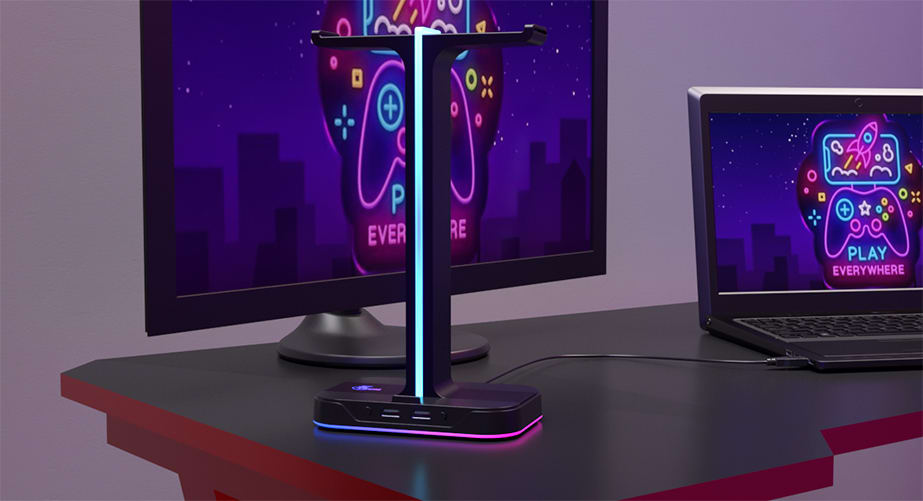 SOPORTE DOBLE PARA AURICULARES RGB/ 2 PUERTOS USB (XTH-690)2