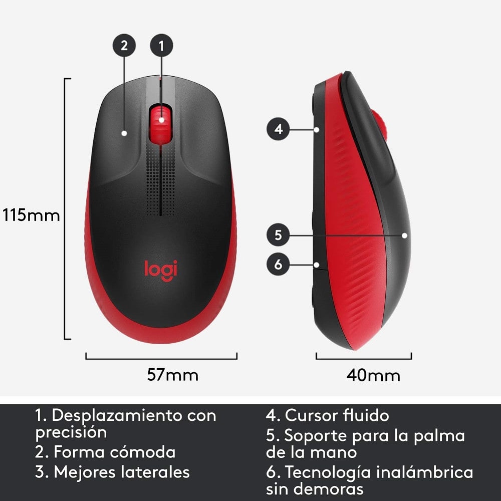 MOUSE LOGITECH M190 INALAMBRICO NEGRO/ROJO (910-005904)3
