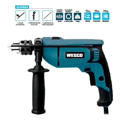TALADRO PERCUTOR 13MM 750W WESCO WS3174. COLOR TURQUESA FRECUENCIA TALADRO PROFESIONAL