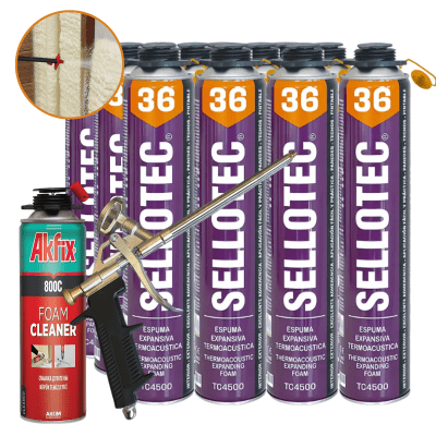 ESPUMA PROYECTADA POLIURETANO SELLOTEC PACK 12 UNIDADES + PISTOLA Y LIMPIADOR1