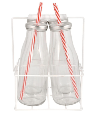 BOTELLA DE VIDRIO EN CANASTO METAL CON BOMBILLA