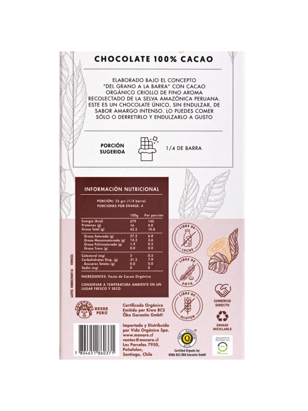 CHOCOLATE ORGANICO 100%CACAO 100GR2