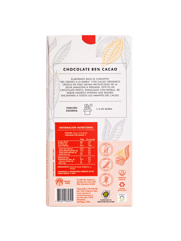 CHOCOLATE ORGANICO 85%CACAO 100GR 1