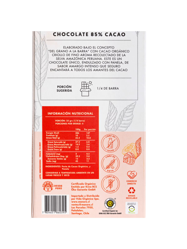 CHOCOLATE ORGANICO 85%CACAO 100GR 2