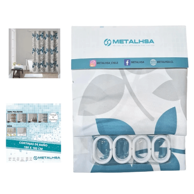 CORTINA BAÑO POLIESTER C/12 ARGOLLAS 180X180CM HOJAS TURQUESA