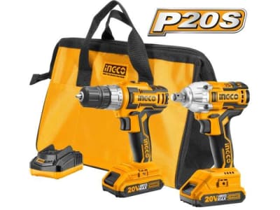 KIT TALADRO INALAMB + LLAVE DE IMPACTO INGCO 20V C/2 BAT 2.0AH + BOLSO