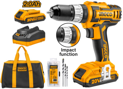 TALADRO INALAMB INGCO 20V 47PCS + 2BAT + BOLSO - CIDLI2002