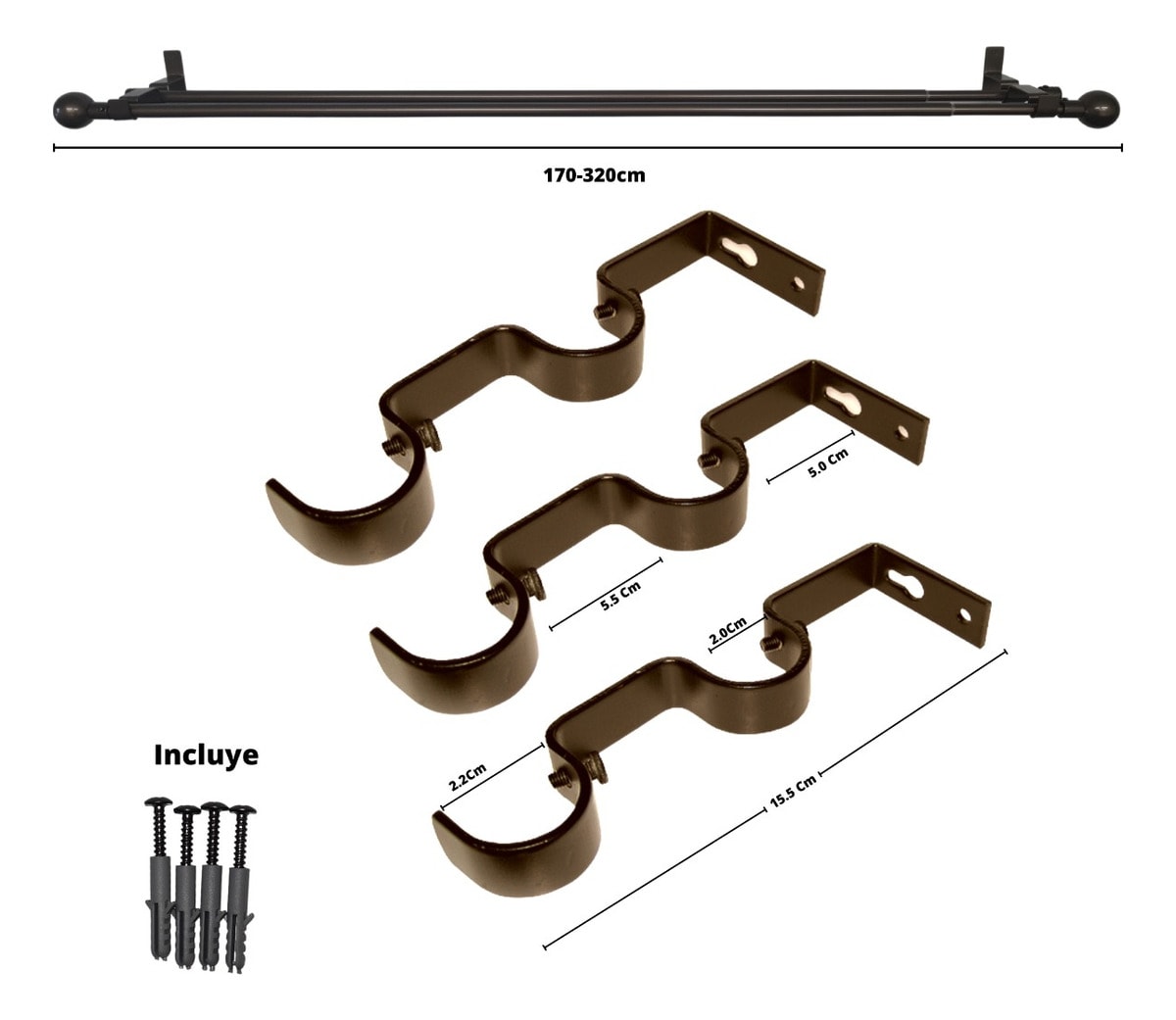 SET TUBO CORTINA DOBLE EXTENSIBLE BOLA CAFE 170-320CM3