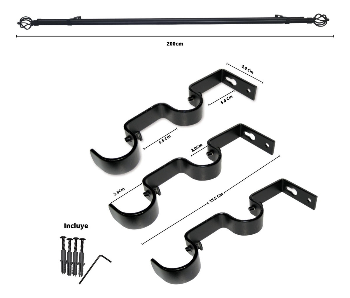 SET TUBO CORTINA METAL DOBLE BOLA ALAMBRE NEGRO 200CM3
