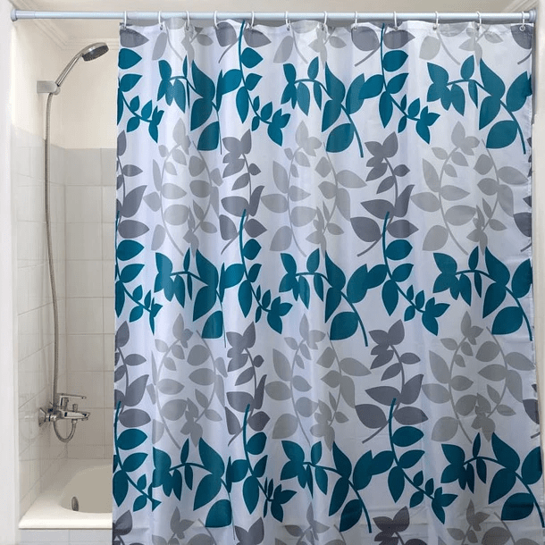 CORTINA BAÑO POLIESTER C/12 ARGOLLAS 180X180CM HOJAS TURQUESA2