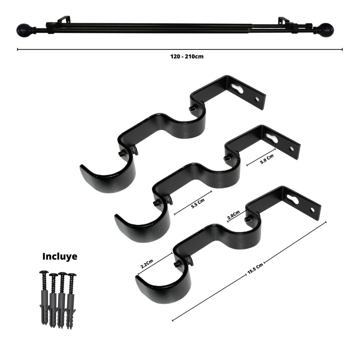 SET TUBO CORTINA DOBLE EXTENSIBLE BOLA NEGRO 120-210CM3
