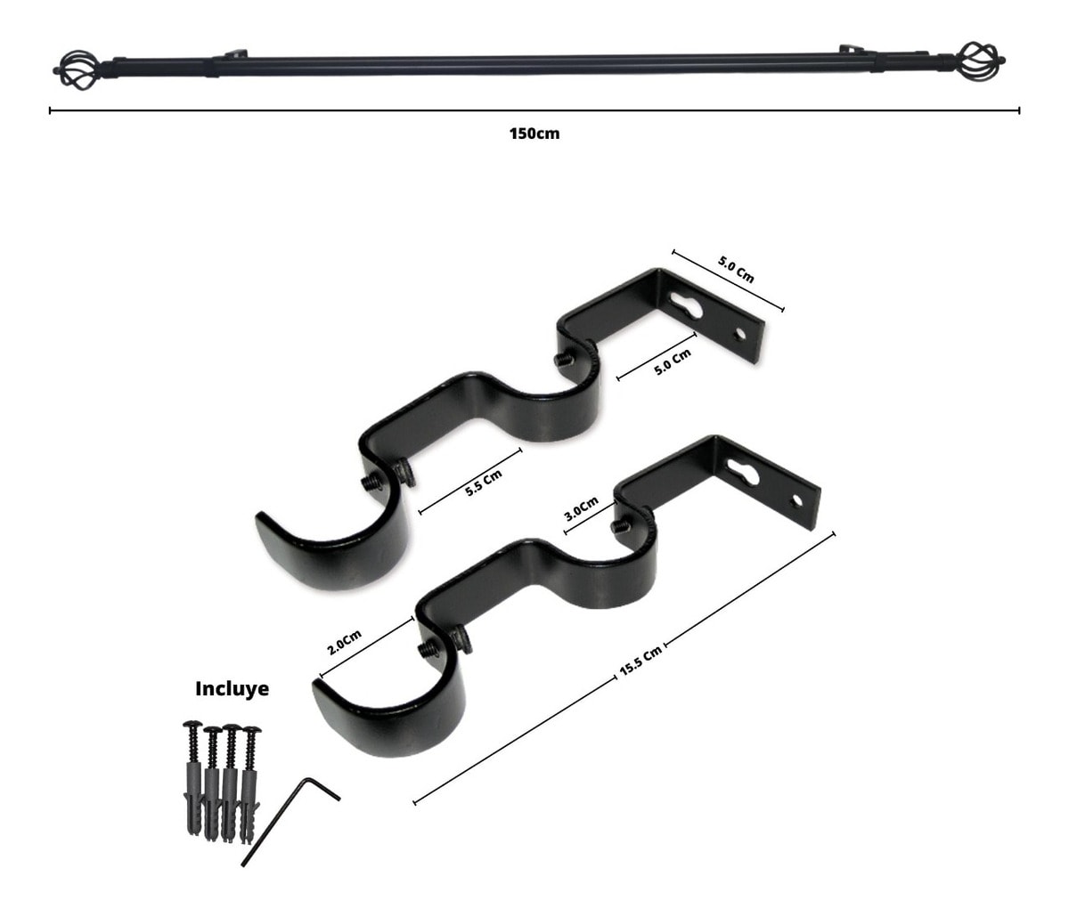 SET TUBO CORTINA METAL DOBLE BOLA ALAMBRE NEGRO 150CM3