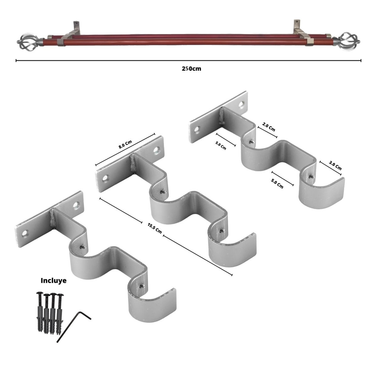 SET TUBO CORTINA MADERA/METAL DOBLE BOLA ALAMBRE SATÍN 250CM2