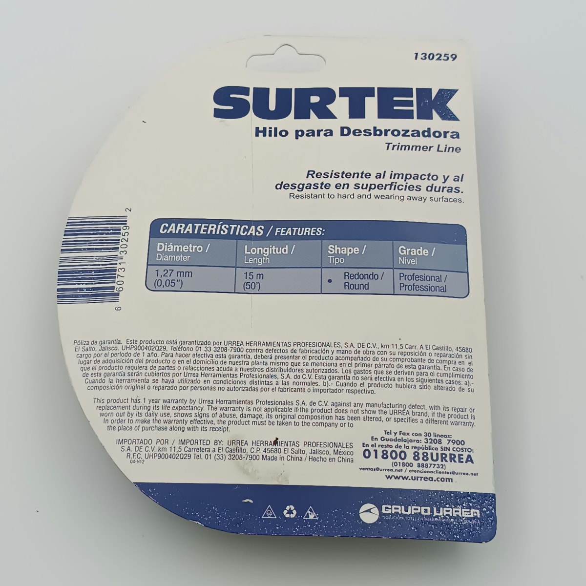 NYLON PARA DESBROZADORA EN BLISTER DE Ø 1.27 MM X 15 MT. -130259-SURTEK-199.2